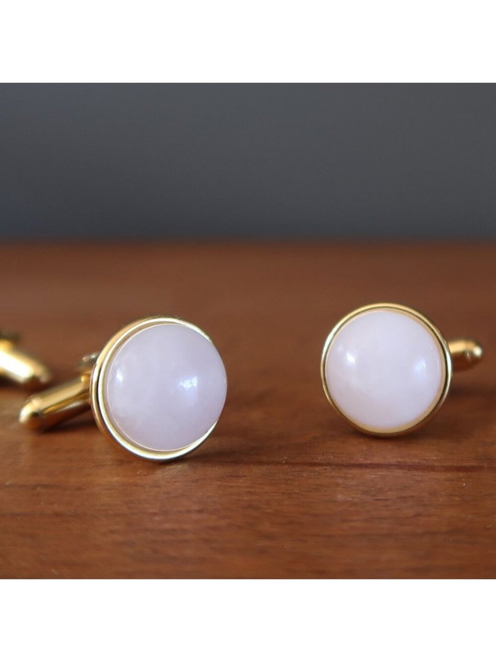 Rose Quartz Cufflinks Pink Romance Gemstone Gold Metal Unisex Gift Formal Wear